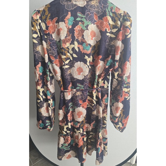 Lulus So Splendid Navy Blue Floral Satin Long Sleeve Wrap Dress - Picture 4 of 7